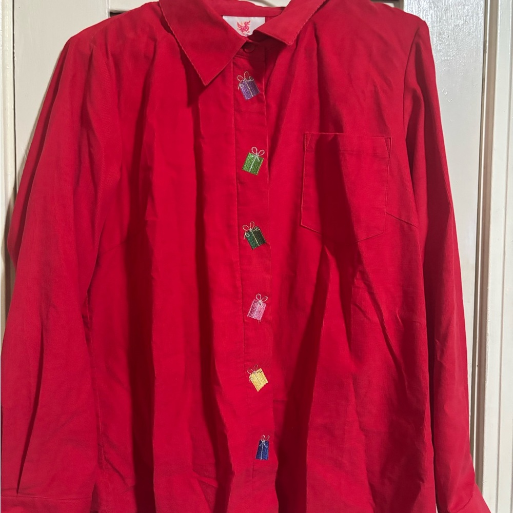 Quacker Factory Red Shirt with Colorful Gift Buttons